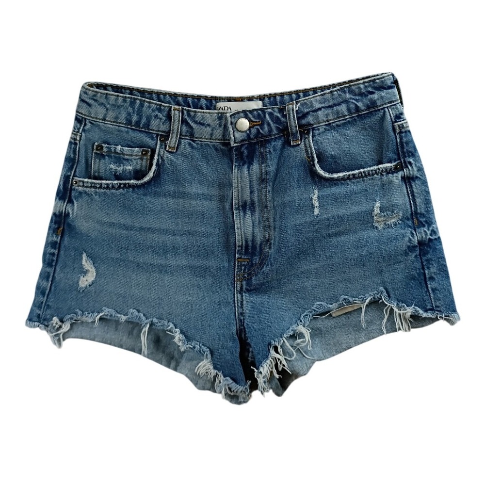 Zara Denim Shorts Womens Size 8 Blue High Waisted Distressed Raw Hem‎ Cotton